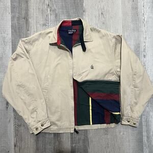 VTG Nautica Bi Swing Bomber Jacket 90s Beige Multicolor Stripe Lined Golf Preppy
